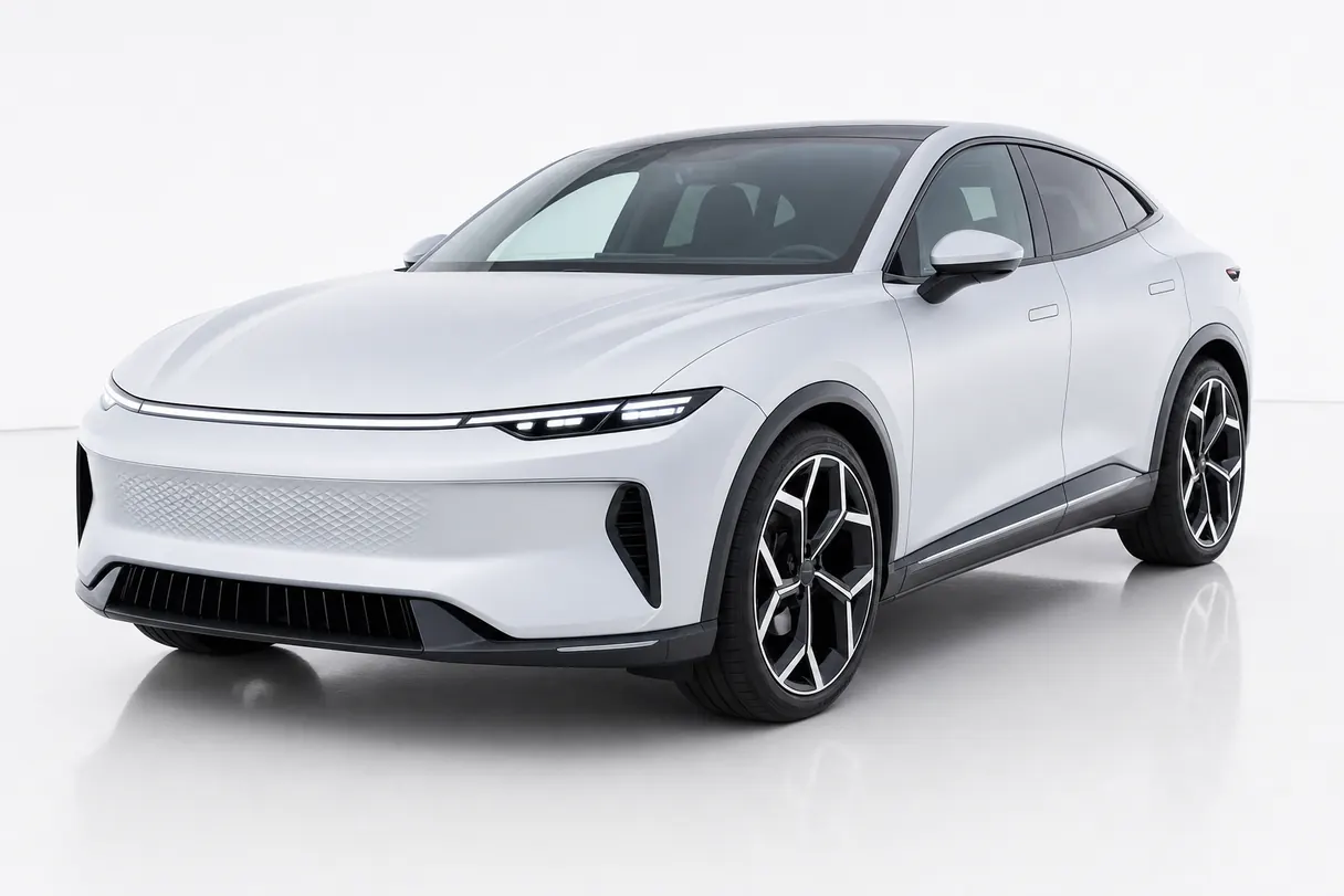 An electric luxury SUV coupe in a satin Arctic Frost white wrap