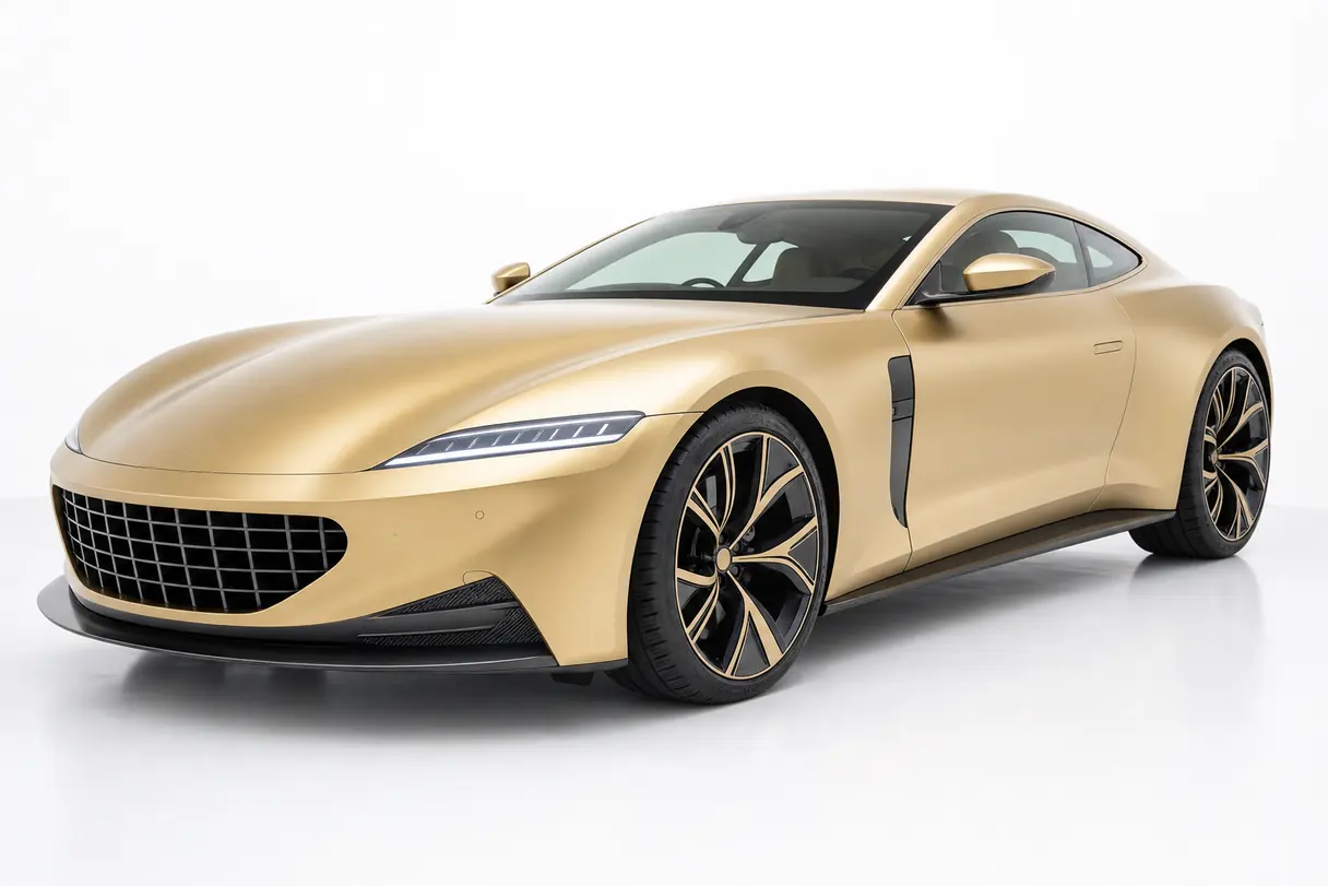 A low grand tourer in a satin Liquid Gold wrap