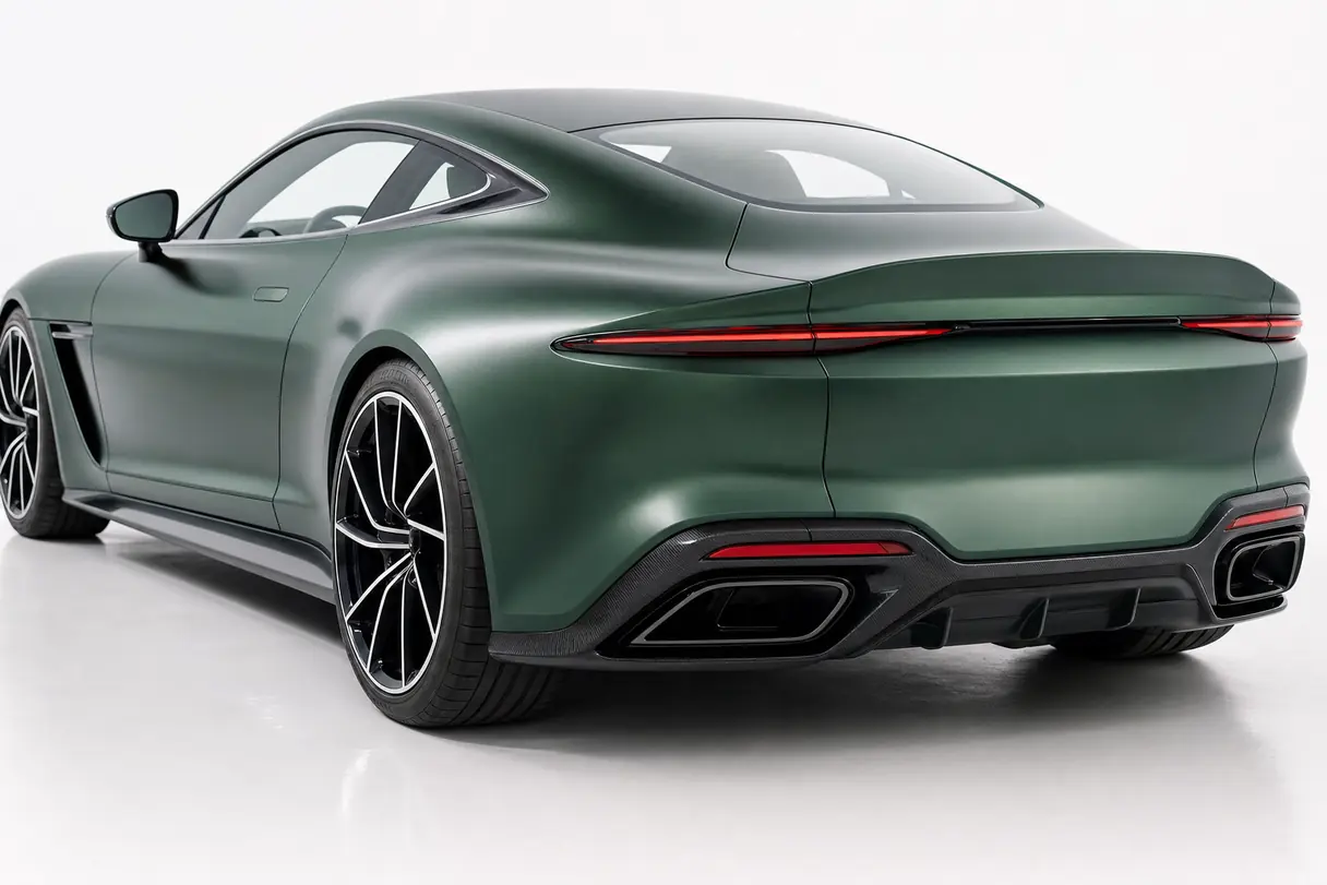 The rear three-quarter of a grand tourer coupe in a satin Racing Green wrap