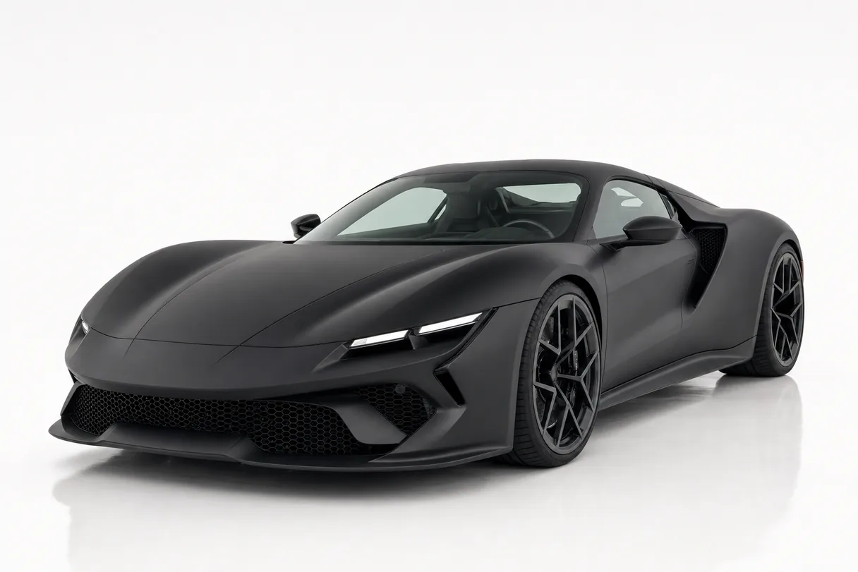 A mid-engine supercar in a matte Velvet Noir wrap