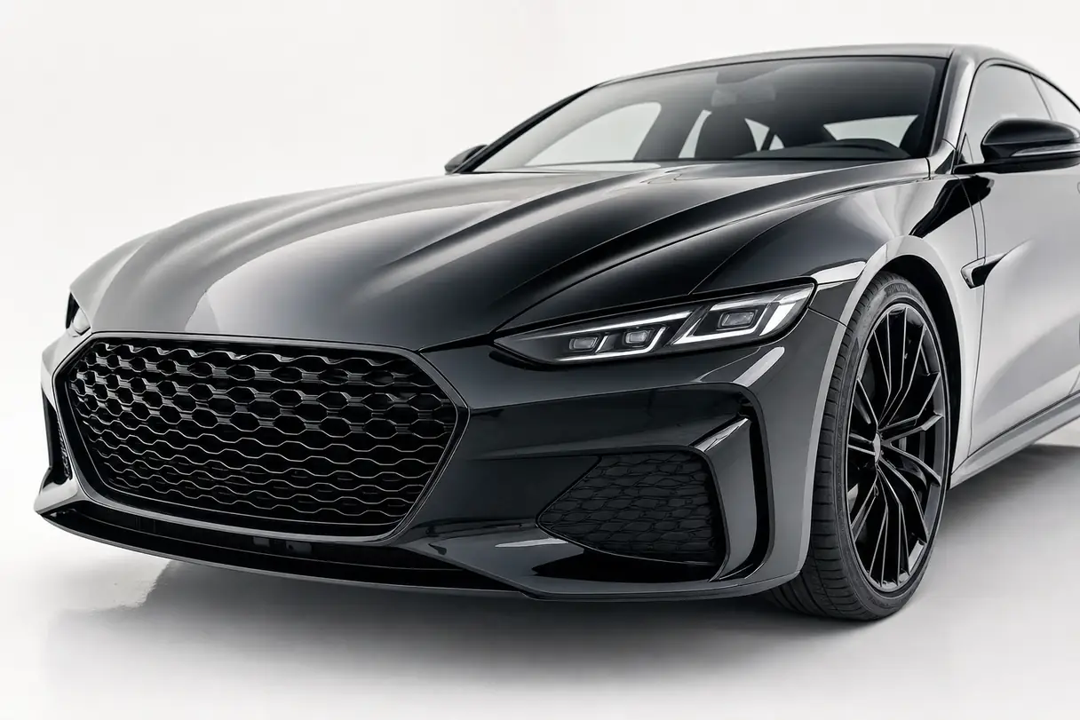 The front of a luxury sports sedan in gloss black with all trim blacked out