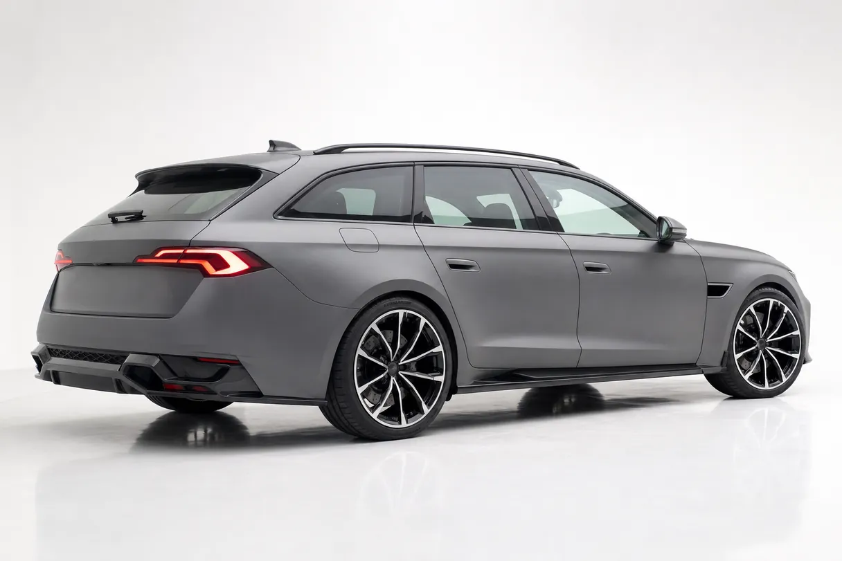A performance estate wagon in a flat satin Storm Grey wrap