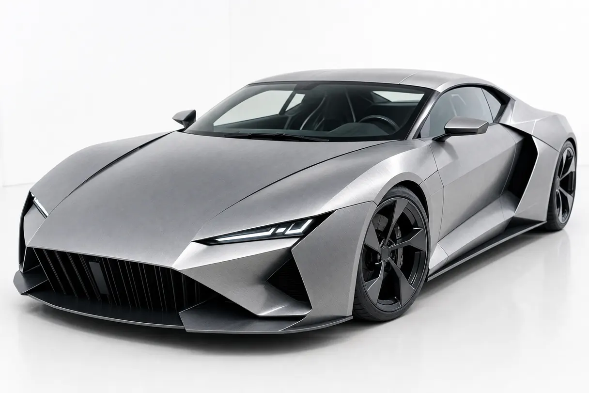 A wide angular supercar in a brushed titanium metallic wrap