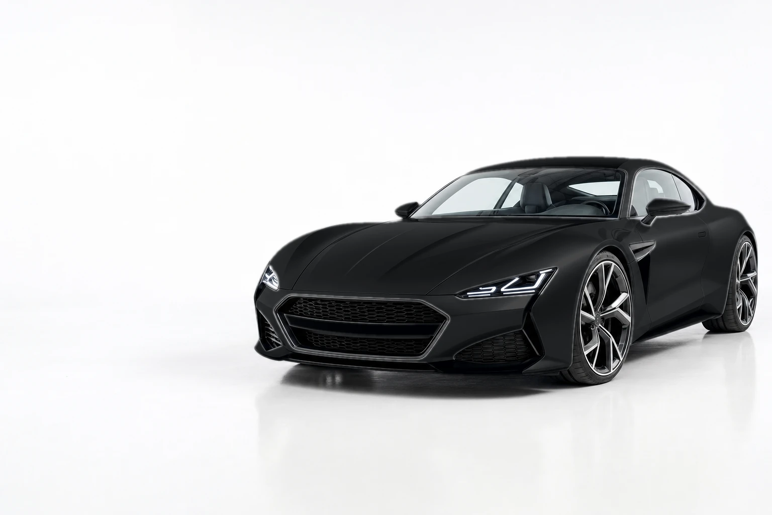 A supercar in a dark studio, finished in a Velvet Noir wrap